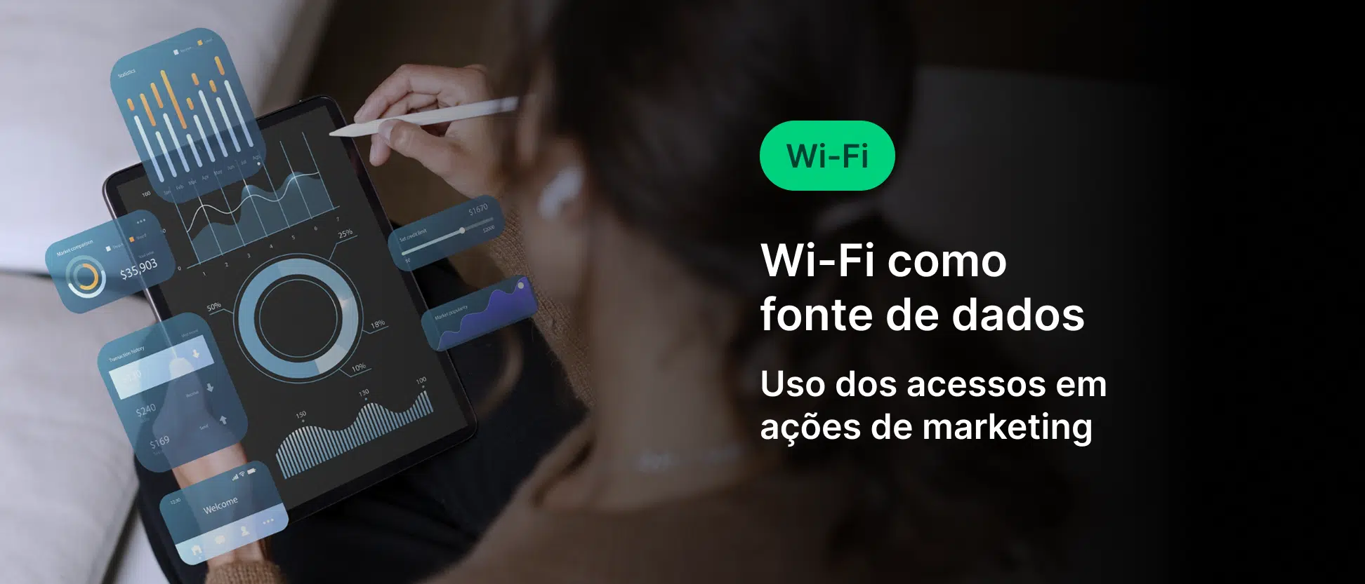 Imagem de análise de dados Pessoa analisando gráficos e dados de Wi-Fi como fonte de dados para ações de marketing digital.