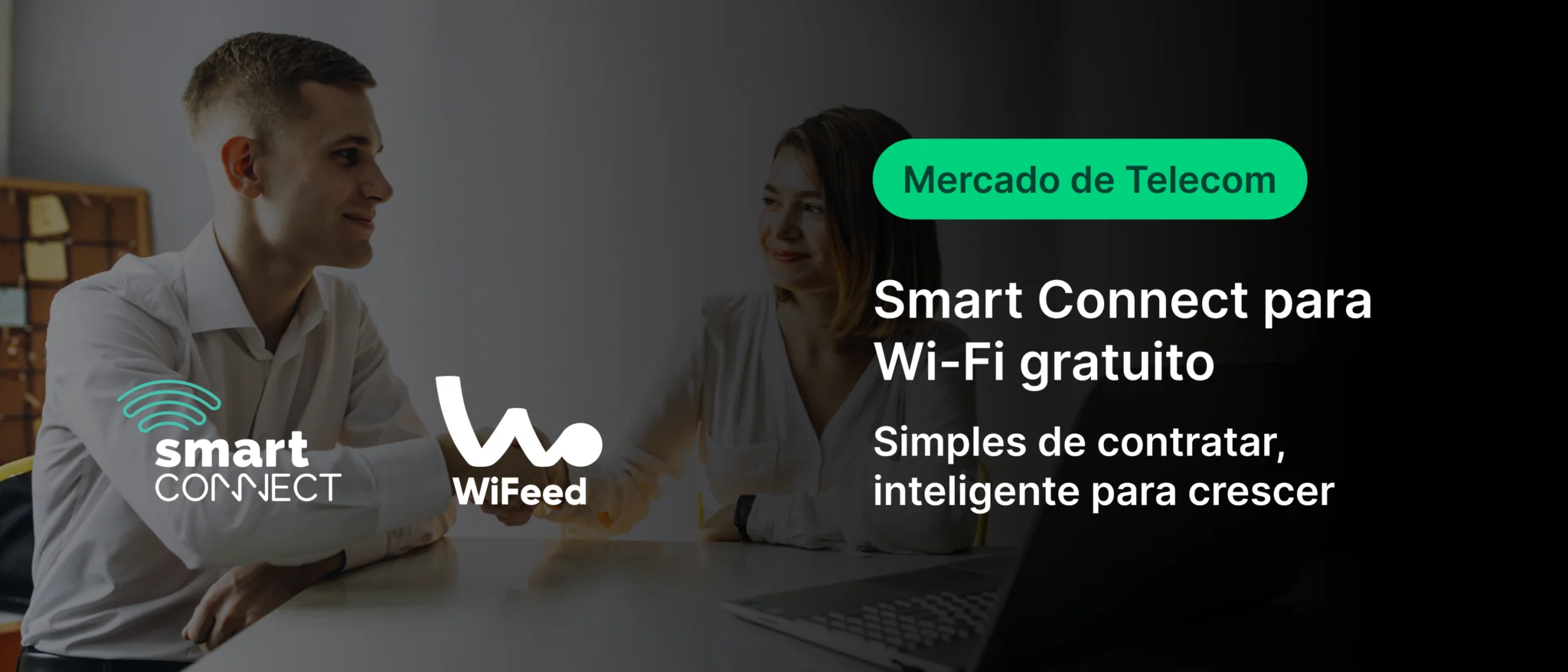 Imagem que mostra duas pessoas conversando, promovendo o serviço de internet Wi-Fi grátis do Mercado de Telecom com Smart Connect e WiFeed.