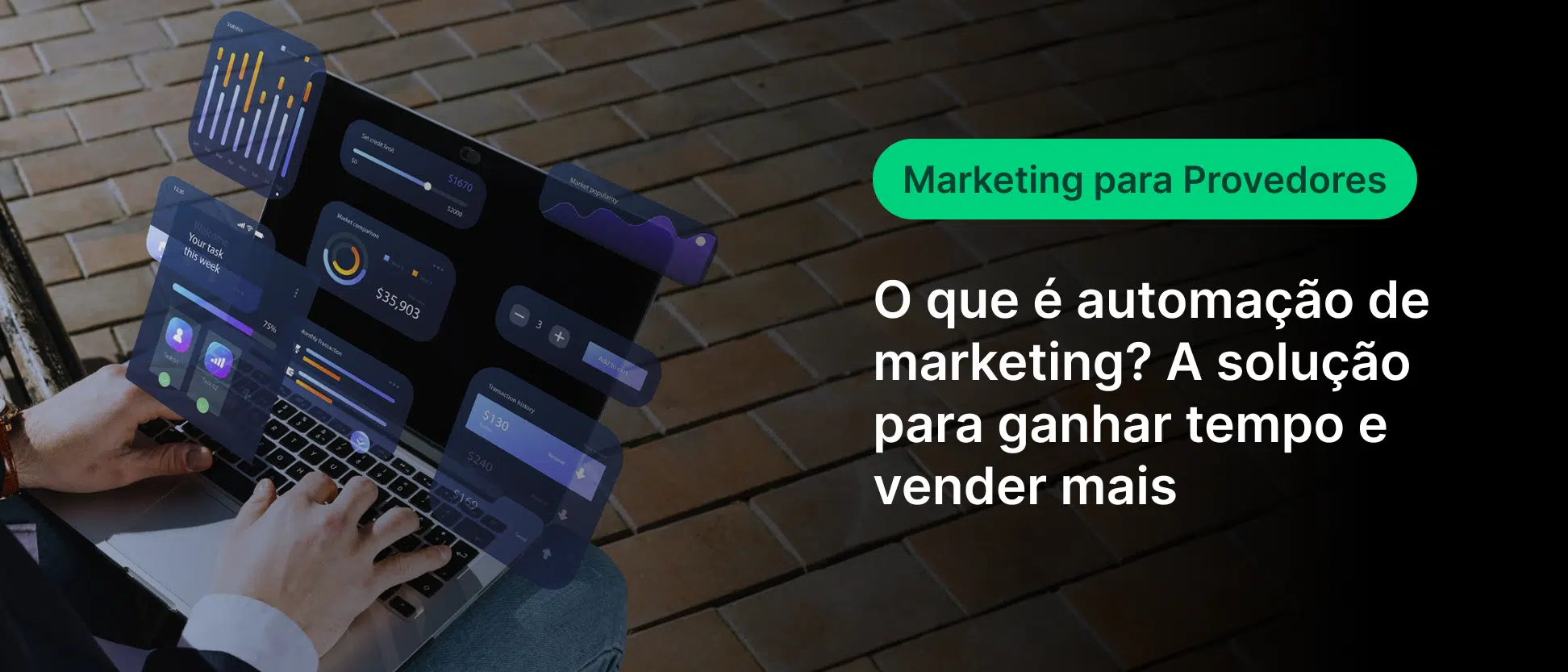 Imagem de um laptop exibindo gráficos e dados, com texto sobre automação de marketing para provedores, destacando soluções para aumentar vendas e ganhar tempo.