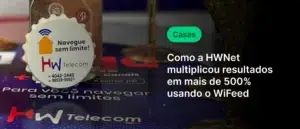 Cartão de recarga com detalhes do serviço de navegação ilimitada da HWNet, destacando resultados de mais de 500% usando WiFeed, uma ferramenta de divulgação.