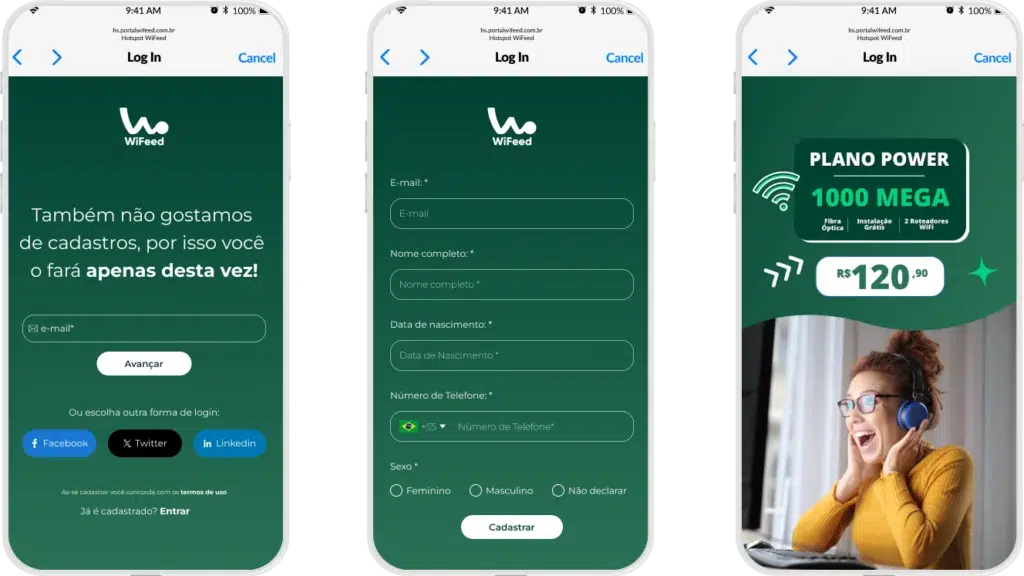 Tela de login do aplicativo WiFeed, destacando campos para e-mail, nome completo e informação de campanha do plano de internet