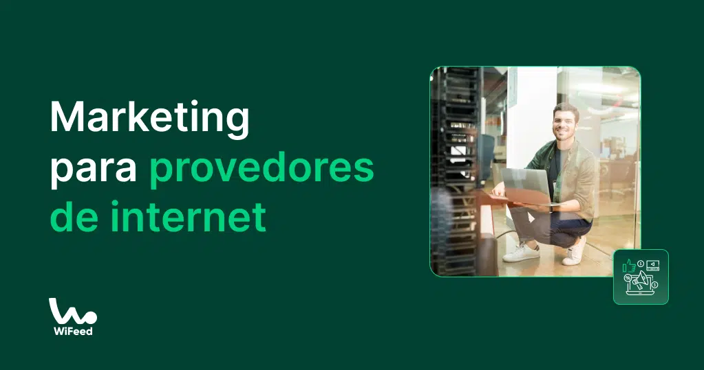 Homem sorridente utilizando um laptop em um escritório, representando marketing para provedores de internet. A imagem destaca o conceito de serviços digitais e tecnologia para provedores.