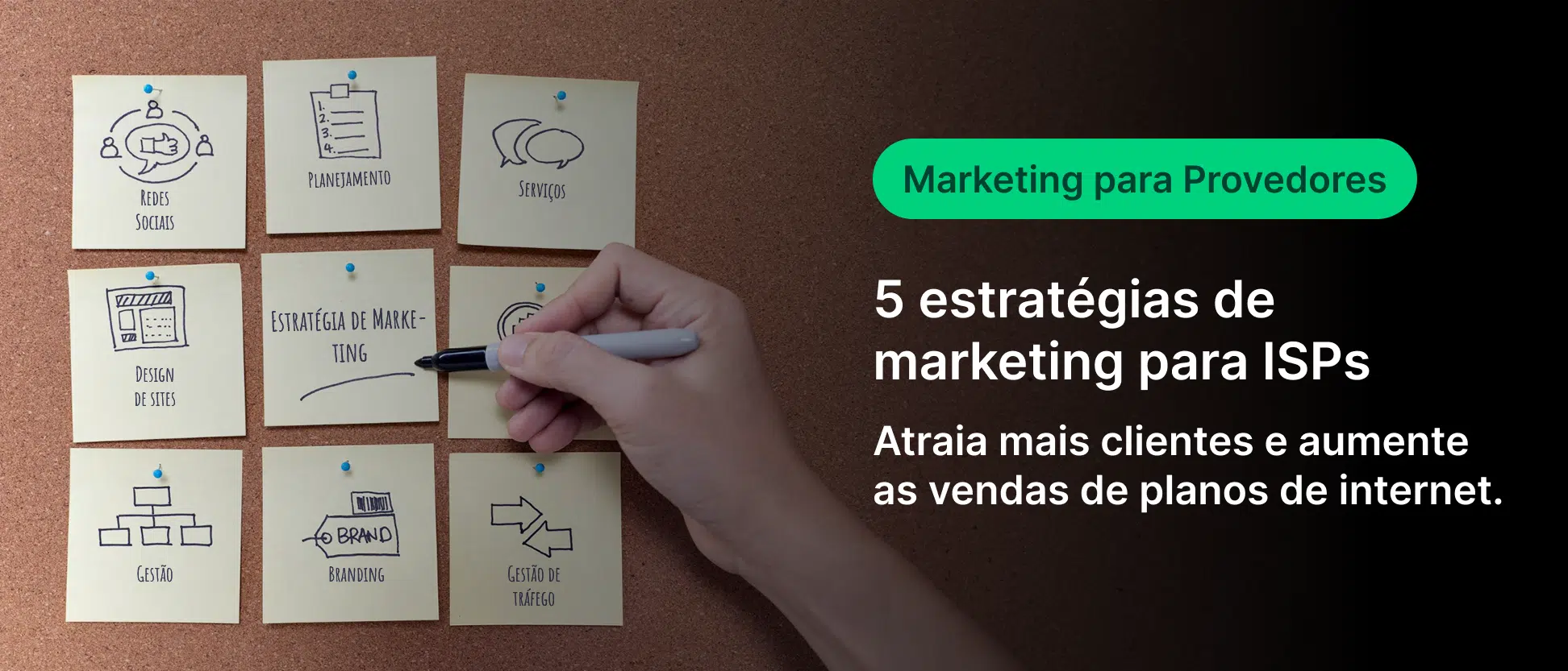 Imagem de slides e quadro com estratégias de marketing para provedores de internet (ISP), destacando 5 estratégias para atrair clientes e aumentar as vendas de planos de internet.