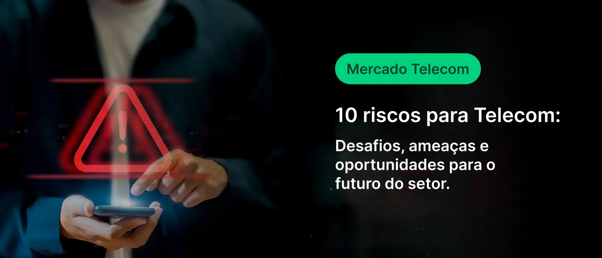 Imagem ilustrativa de um profissional de telemática segurando um smartphone, com destaque para um alerta vermelho, simbolizando riscos e desafios no setor de telecomunicações.
