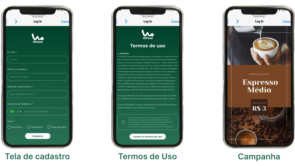 Tela de login Captive Portal que apresenta campos como e-mail, nome completo e termos de uso, ideal para usuários que desejam se cadastrar.