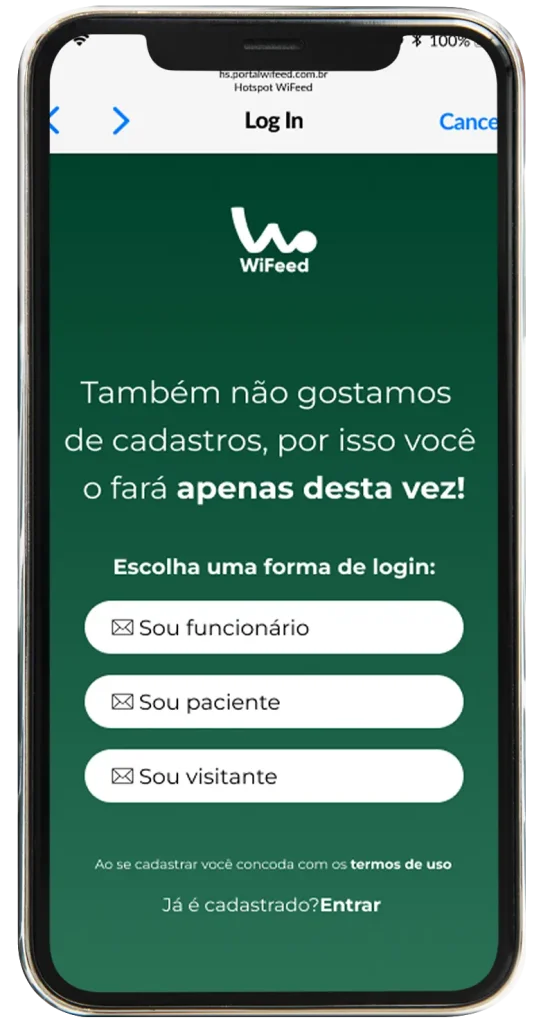 Tela de login Captive Portal, aplicativo que permite acesso sem cadastro. Opções para funcionários, pacientes e visitantes de hospitais.