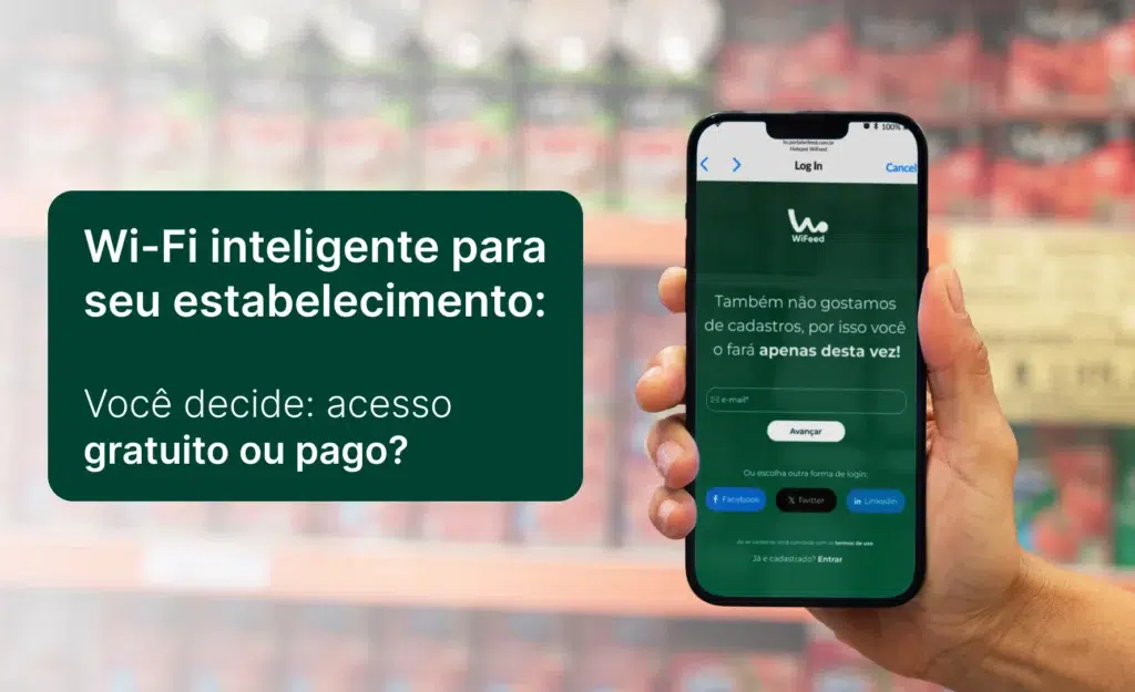 Imagem de um celular com aplicativo de Wi-Fi inteligente para estabelecimentos comerciais, destacando a escolha entre acesso gratuito ou pago.