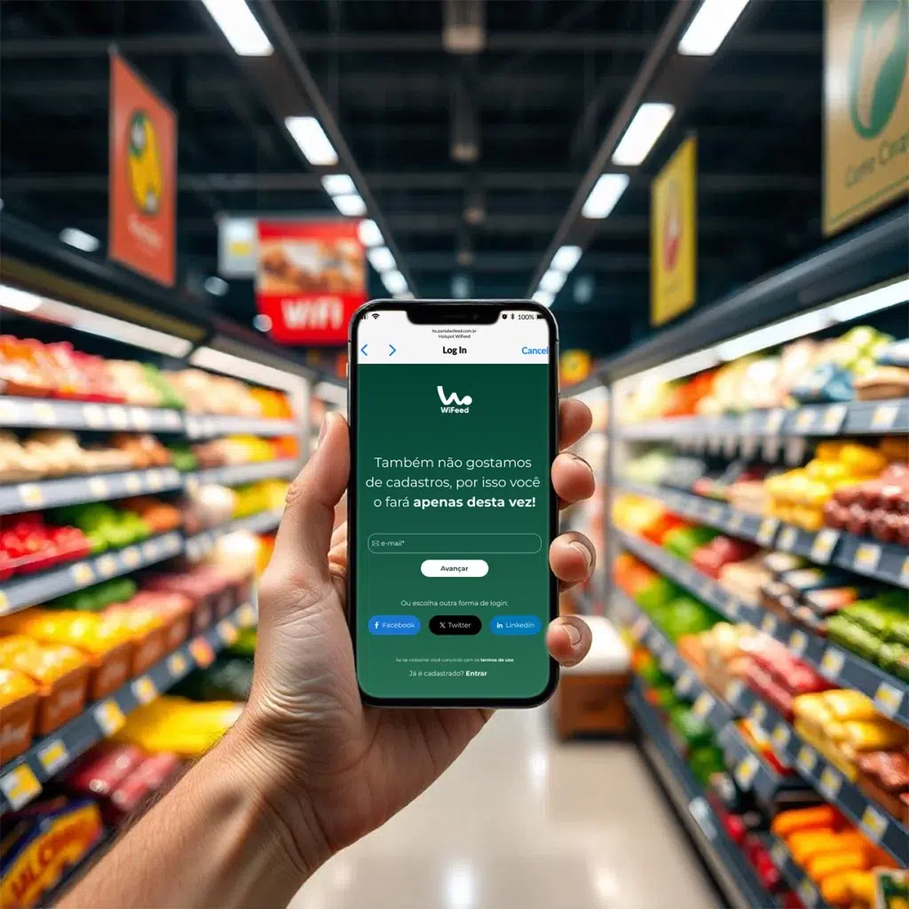 Imagem de um smartphone exibindo a tela de login do aplicativo WiFeed em um supermercado