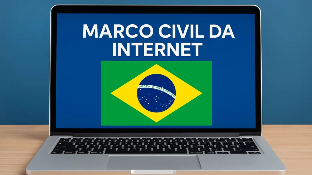 Imagem de um laptop exibindo a frase 'Marco Civil da Internet' com a bandeira do Brasil ao centro na tela, simbolizando a legislação brasileira sobre uso da internet.
