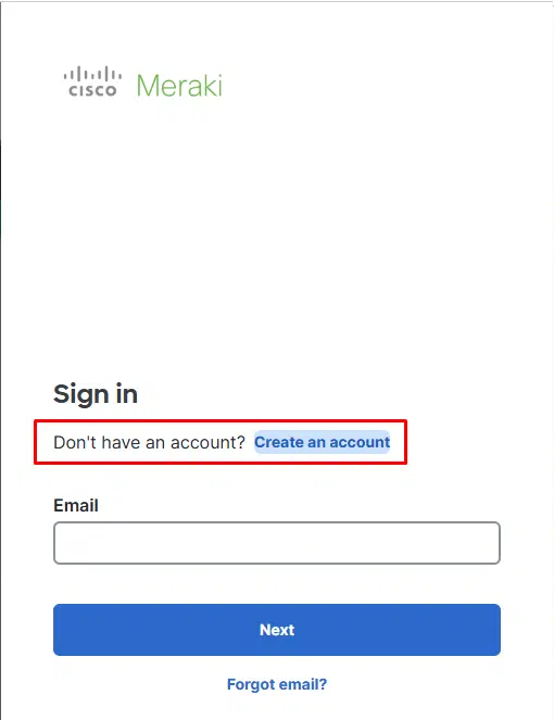 tela para criar uma conta na plataforma Cisco Meraki