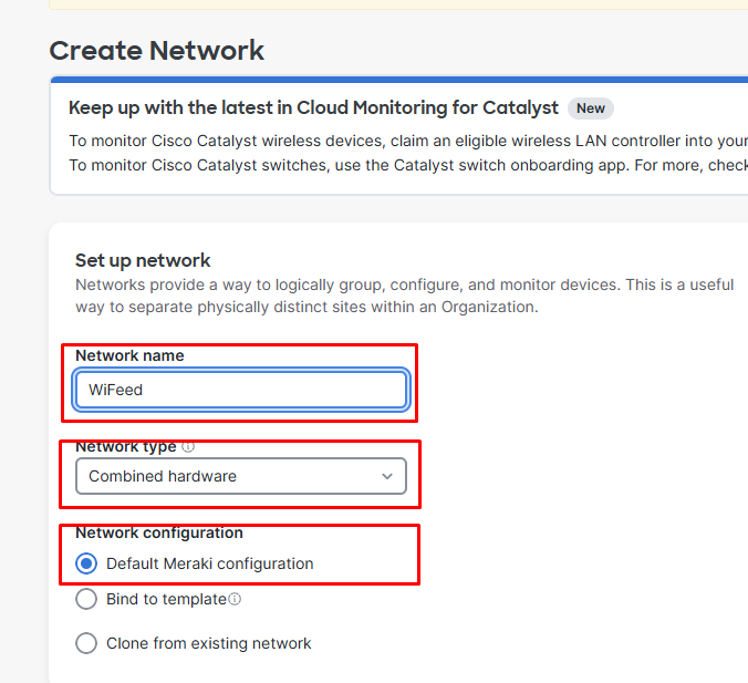 Tela para criar um Network na plataforma Meraki