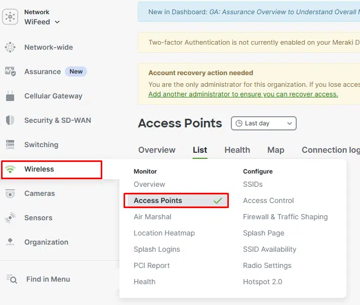 Tela de gerenciamento de Access Points na plataforma