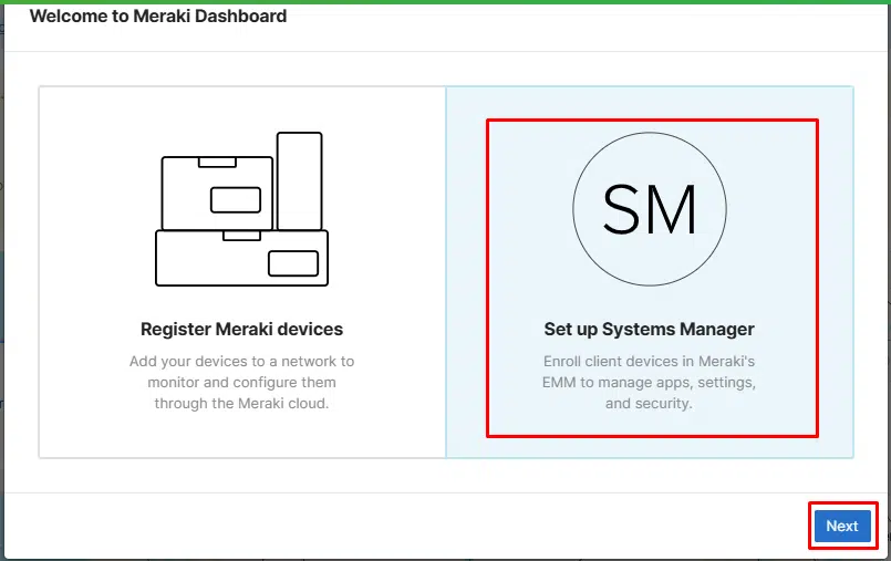 Tela de boas vindas para configuração na plataforma Cisco Meraki