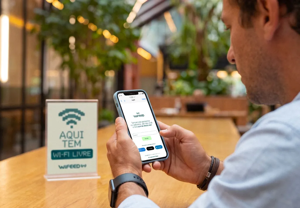 Homem em um café usando o celular para acessar Wi‑Fi livre, apontando para a tela com rede Wi‑Fi e um cartaz “AQUI TEM WI‑FI LIVRE” ao fundo.