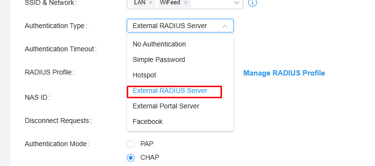 Tela de configuração do servidor externo do Radius