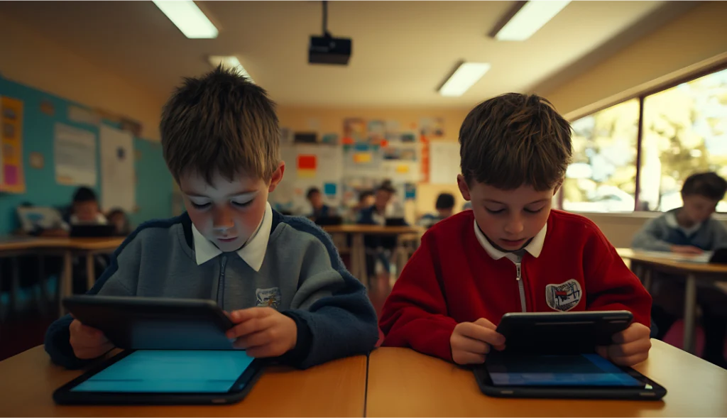 Duas crianças em uma sala de aula usando tablets para aprender. A imagem destaca a tecnologia na educação infantil e a concentração dos alunos.