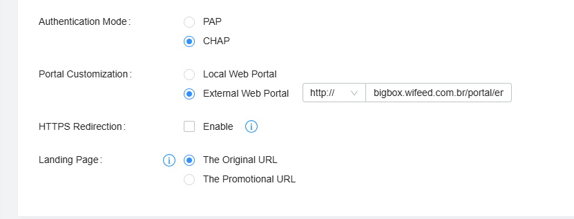 Tela configuração e autenticação perfil RADIUS