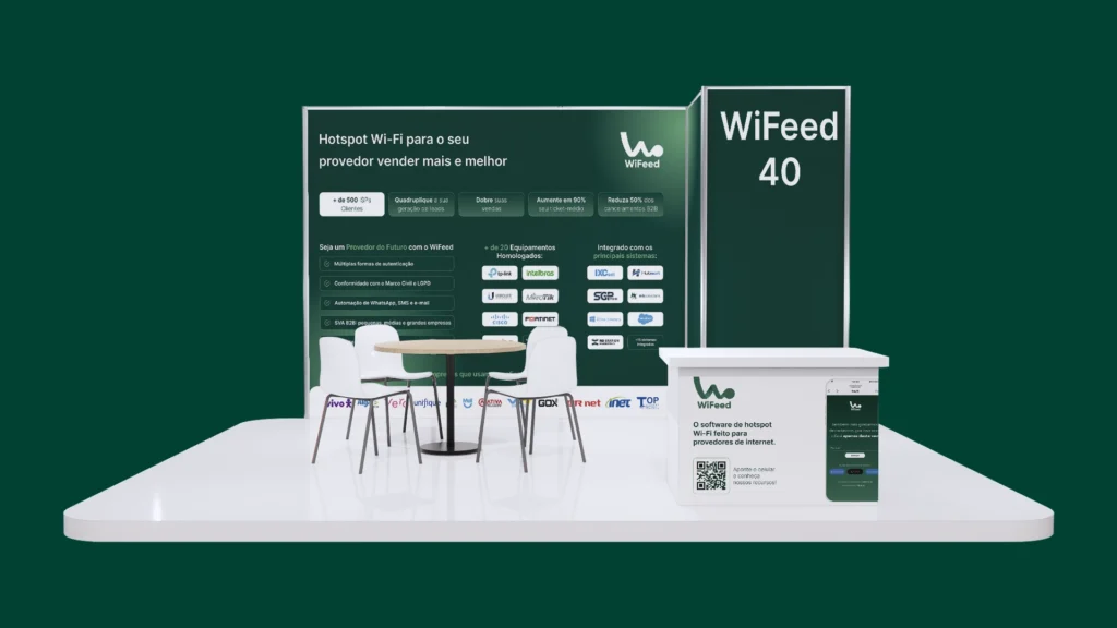Stand da WiFeed apresentado no evento Abramulti, destacando soluções de hotspot Wi-Fi para provedores venderem mais, com mesas e painéis informativos