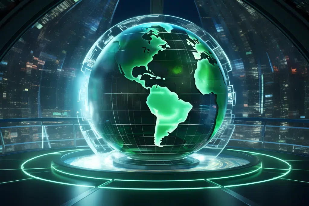 Imagem de um globo terrestre iluminado em verde, representando a Terra em um cenário futurista com elementos tecnológicos.
