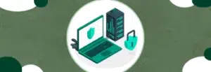 Imagem ilustrativa de segurança cibernética, mostrando um laptop, um servidor e um cadeado, simbolizando proteção de dados e redes.