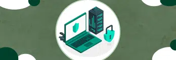 Imagem ilustrativa de segurança cibernética, mostrando um laptop, um servidor e um cadeado, simbolizando proteção de dados e redes.