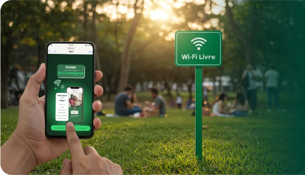 Imagem de uma pessoa usando um smartphone para acessar informações sobre Wi-Fi Livre em um parque, com pessoas ao fundo e sinalização visível.