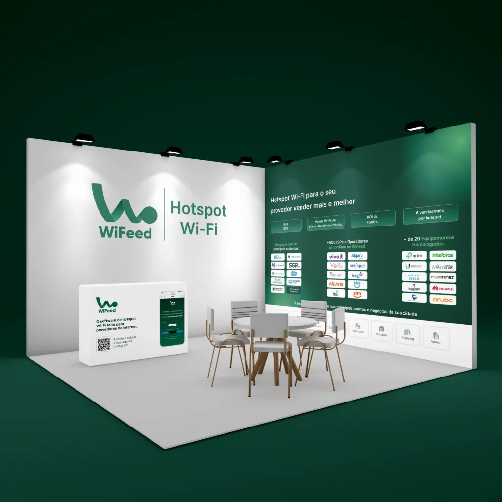 Imagem do estande do WiFeed, destacando soluções de hotspot Wi-Fi para provedores. Com áreas de atendimento e informações sobre vendas e equipamentos.
