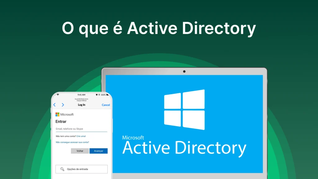 Imagem explicativa sobre o Active Directory da Microsoft, mostrando um laptop e um smartphone com o logotipo do Windows e informações de login destacadas.