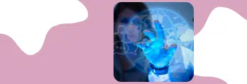 Imagem de uma profissional usando tecnologia, com uma mão iluminada em azul, interagindo com gráficos e um mundo digital ao fundo.