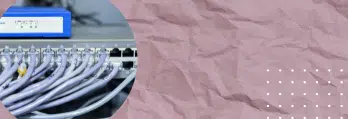 Imagem de uma instalação de rede de computadores, mostrando cabos Ethernet conectados a um scanne e uma parede com papel antiderrapante roxo.