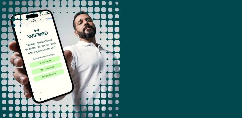 Pessoa segurando um celular exibindo uma tela de login do aplicativo WiFeed, promovendo métodos de autenticação e proteção de rede.