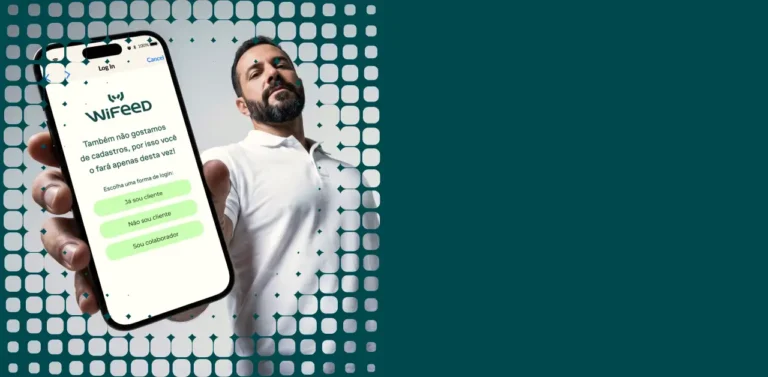 Pessoa segurando um celular exibindo uma tela de login do aplicativo WiFeed, promovendo métodos de autenticação e proteção de rede.