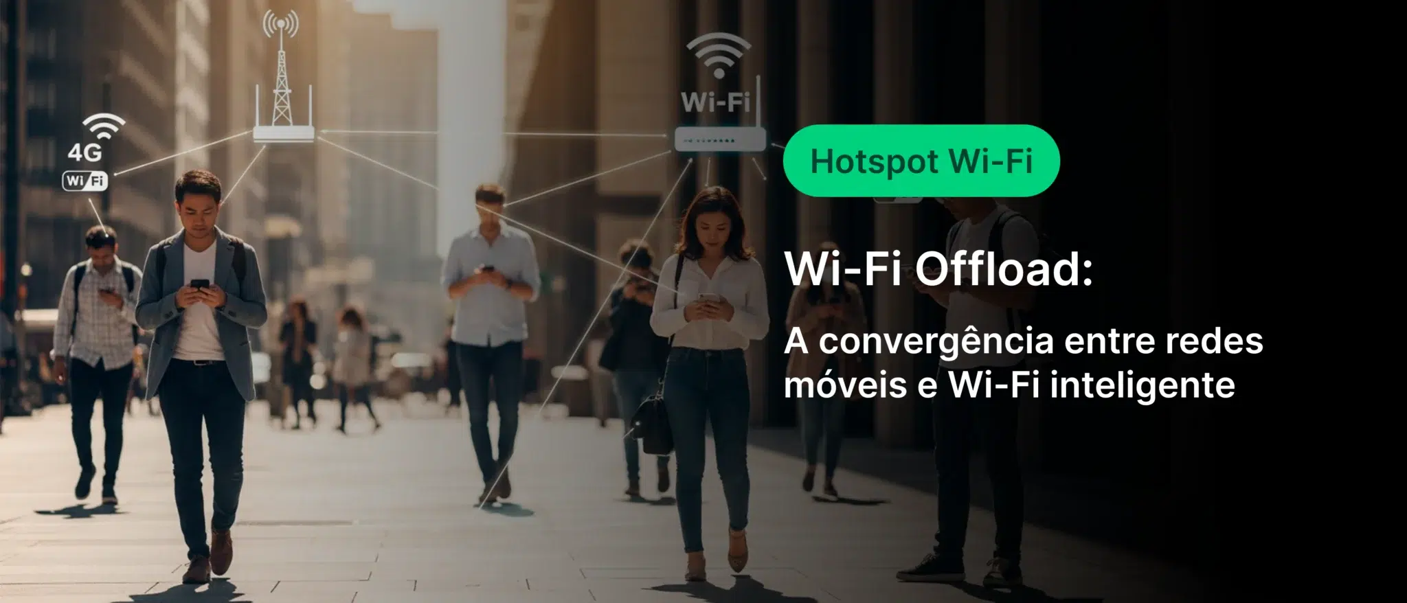 Imagem de pessoas circulando em uma cidade, conectadas a tecnologias de rede como Wi-Fi e 4G, com destaque para a frase 'Wi-Fi Offload: A convergência entre redes móveis e Wi-Fi inteligente' em um painel digital.