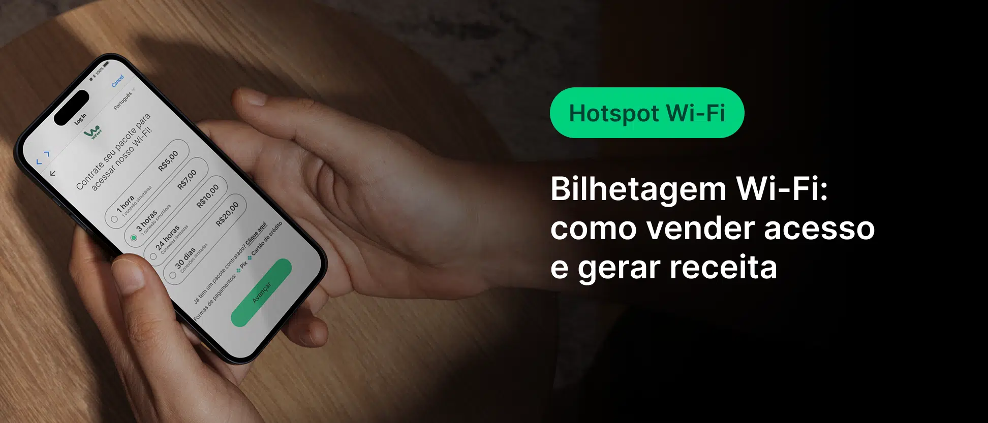 Imagem ilustrativa de uma pessoa em mãos segurando um smartphone com a tela exibindo vendas de Boost Wi-Fi, destacando o tema Bilhetagem Wi-Fi: como vender acesso e gerar receita, focada na palavra-chave bilhetagem Wi-Fi.