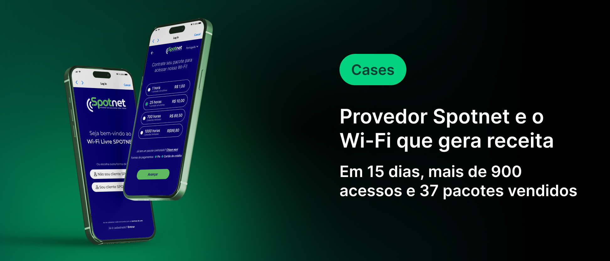 Imagem ilustrativa do provedor de Wi-Fi Spotnet, mostrando duas telas de celular com acesso à plataforma, destacando o potencial de gerar receita em 15 dias com mais de 900 acessos e 37 pacotes vendidos.