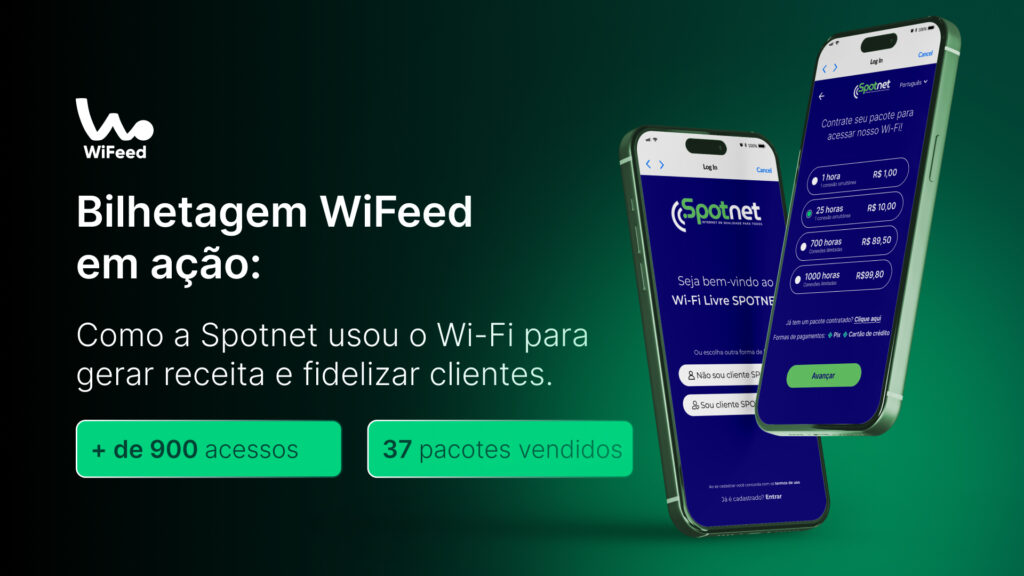 Imagem ilustrativa de uma campanha de Wi-Fi WiFeed mostrando dois celulares com a interface do aplicativo Spotnet, destacando o uso do Wi-Fi para gerar receita.