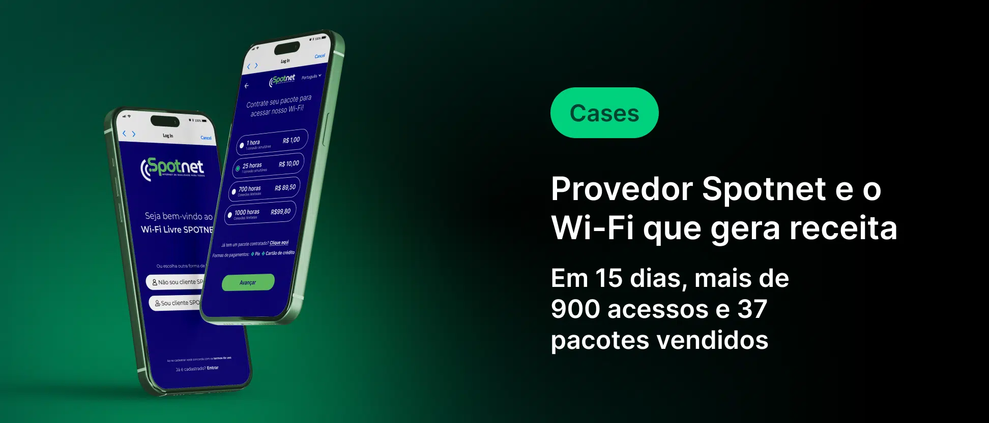Imagem promocional do provedor de internet Spotnet com dois smartphones exibindo a interface do aplicativo e a mensagem “Provedor Spotnet e o Wi‑Fi que gera receita” com dados de acessos e pacotes vendidos.