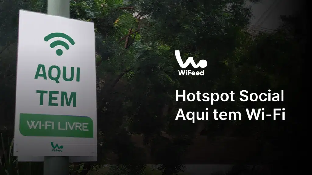 imagem mostra uma placa de sinalização indicando hotspot social com Wi-Fi grátis disponível em área pública, para acesso à internet para visitantes e usuários.