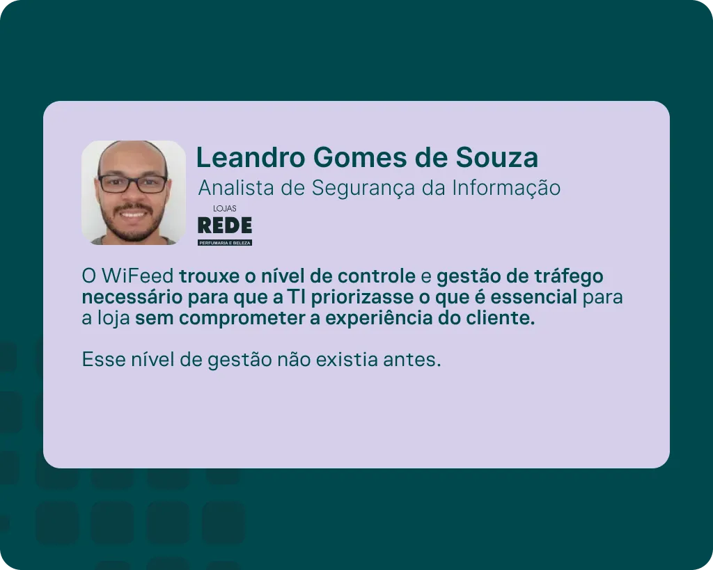 Cartão de apresentação com foto de Leandro Gomes de Souza, Analista de Segurança da Informação, da loja REDE. Texto sobre o WiFeed para controle e gestão de tráfego na loja.