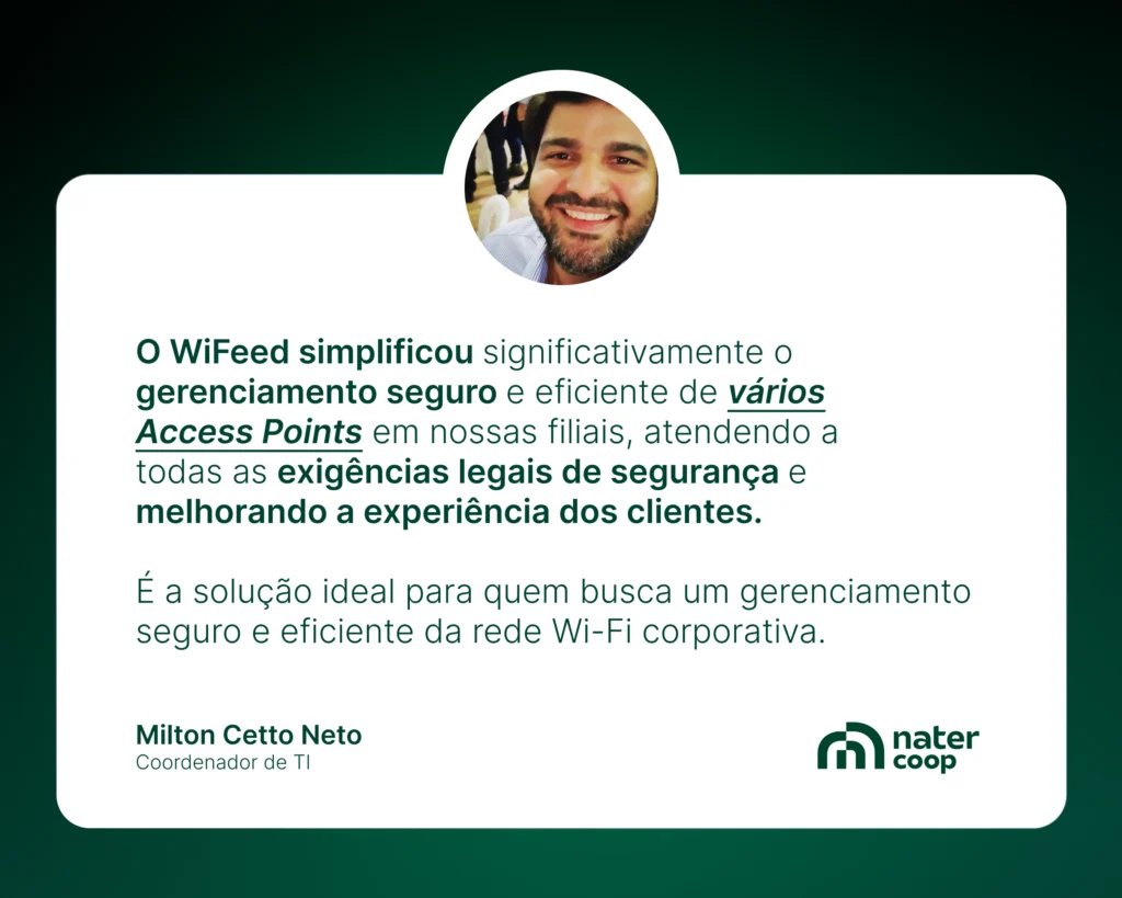 Imagem de um cartão de apresentação corporativa pela Nater Coop apresentando o WiFeed, uma solução segura e eficiente para gerenciamento de Access Points em redes Wi-Fi empresa, destacando a importância da segurança e experiência do cliente.