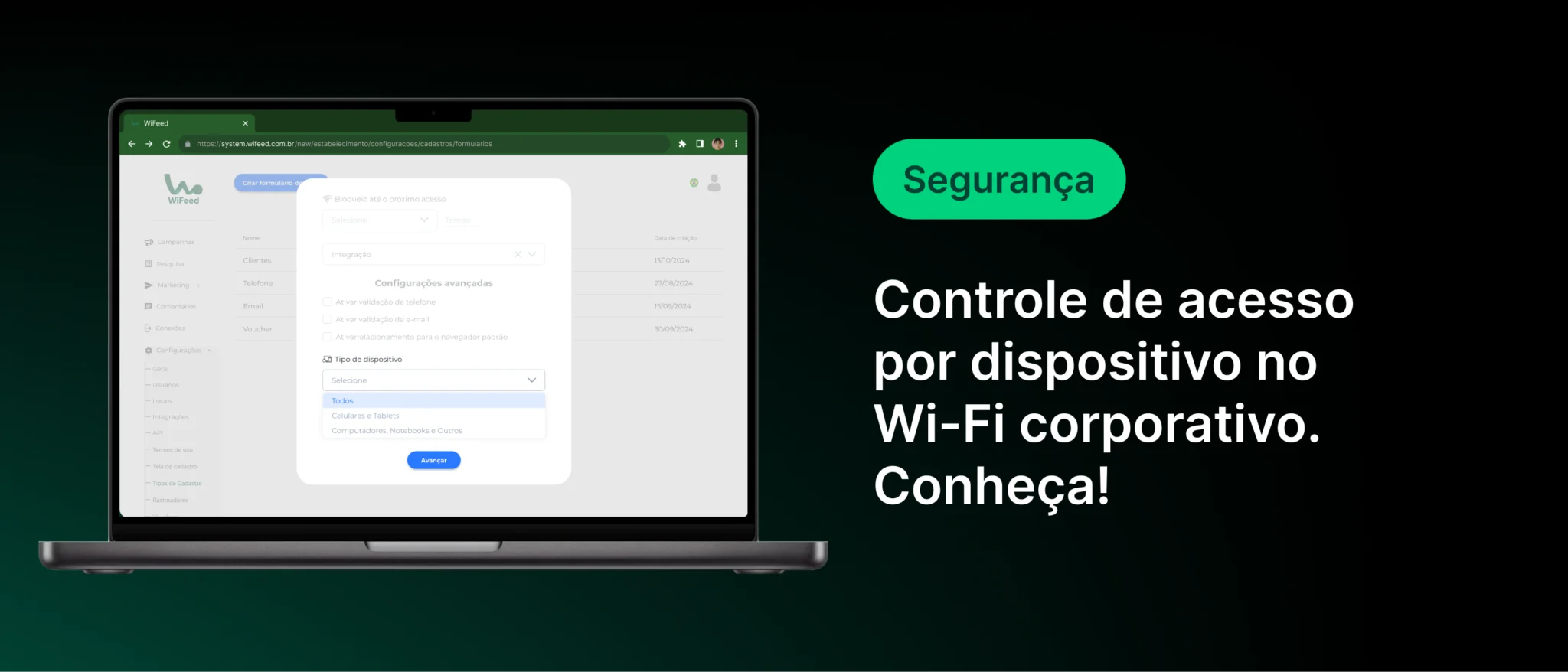 Tela de controle de acesso por dispositivo no Wi-Fi corporativo, destacando as opções de configuração e segurança para redes empresariais.