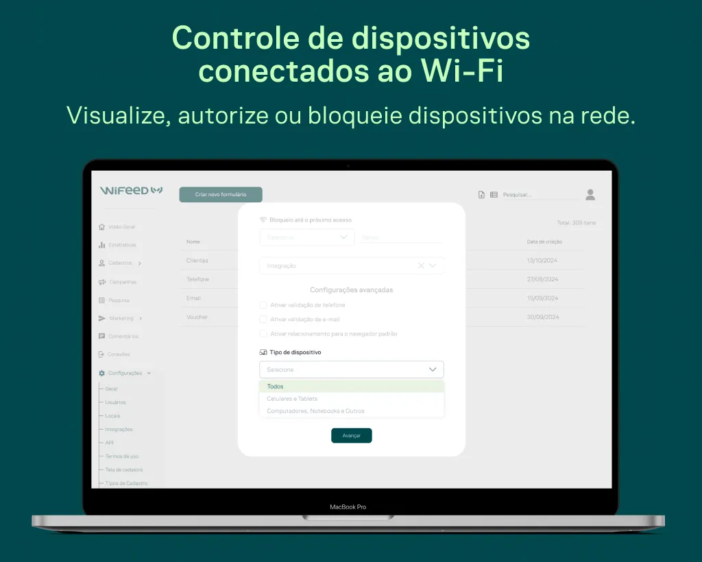 Tela de controle de dispositivos conectados ao Wi-Fi mostrando a interface para visualizar, autorizar ou bloquear dispositivos na rede, com opções e filtros no navegador.
