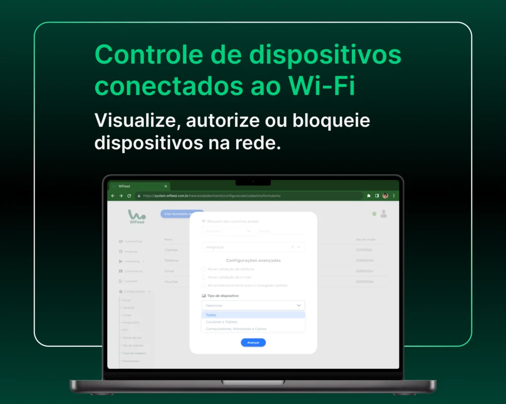 Controle de dispositivos conectados ao Wi-Fi em uma tela de computador, permitindo visualizar, autorizar ou bloquear dispositivos na rede.