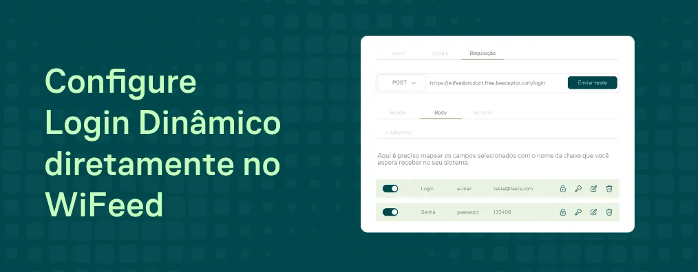 Tela de configuração de login dinâmico no Wifeed, mostrando campos e opções de requisição em um painel de sistema sobre fundo verde com textura.