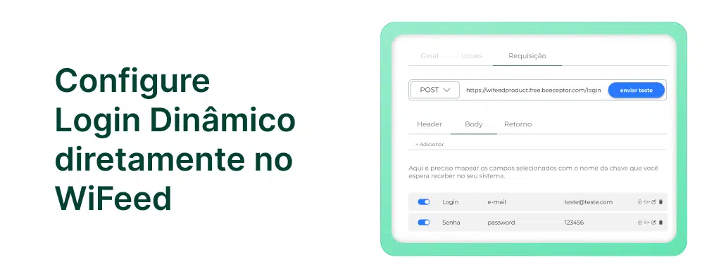 Configuração de login dinâmico no WiFeed, incluindo campos de texto para login, senha e envio de teste com interface moderna e intuitiva.