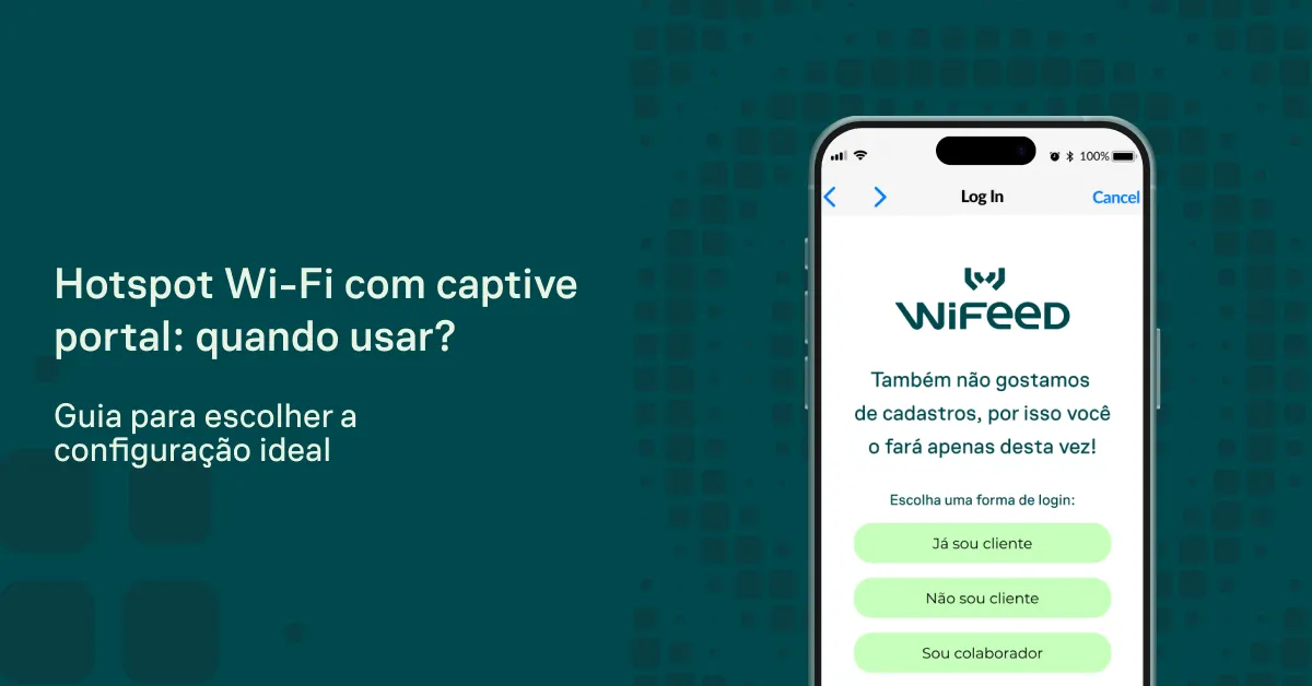 Tela de smartphone com interface de login do WiFEED exibida ao lado de texto sobre Hotspot Wi-Fi com captive portal e um guia para escolher a configuração ideal.