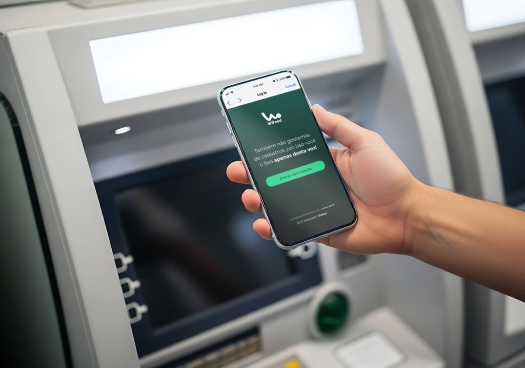 Pessoa segurando smartphone na mão com tela de aplicativo e mensagem de cadastro de usuário, em ambiente de caixa eletrônico ou terminal bancário. Interface com botão verde.