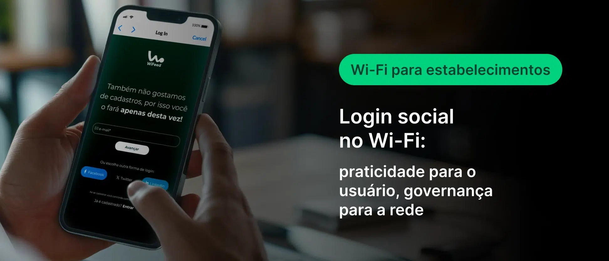 Infográfico comparativo mostrando “Login Social” versus “Formulário Tradicional”. O quadro destaca vantagens como menor fricção, dados validados e melhor experiência, com menção à WiFeed no rodapé.