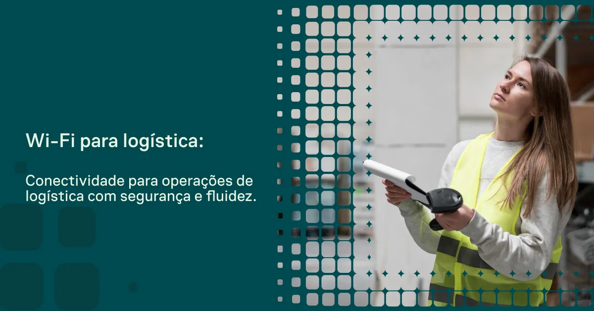 Mulher em colete de segurança usa um leitor portátil enquanto interage com um sistema digital, com visual de rede e quadrículas como representação de Wi-Fi na logística