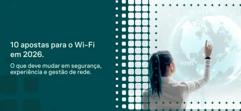 Imagem com texto em português “10 apostas para o Wi-Fi em 2026” e uma cena tecnológica: uma pessoa apontando para um globo digital ao lado de ícones binários e padrões de rede, sugerindo inovação e gestão de redes Wi‑Fi.